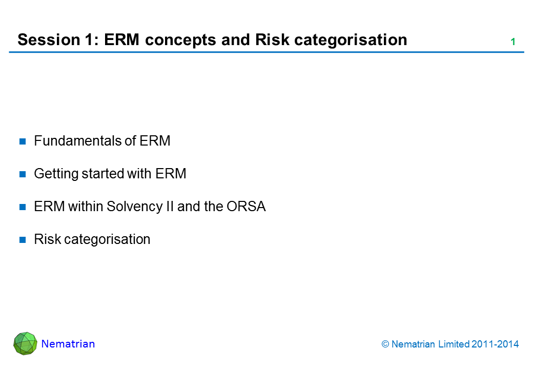 Bullet points include: Fundamentals of ERM Getting started with ERM ERM within Solvency II and the ORSA Risk categorisation