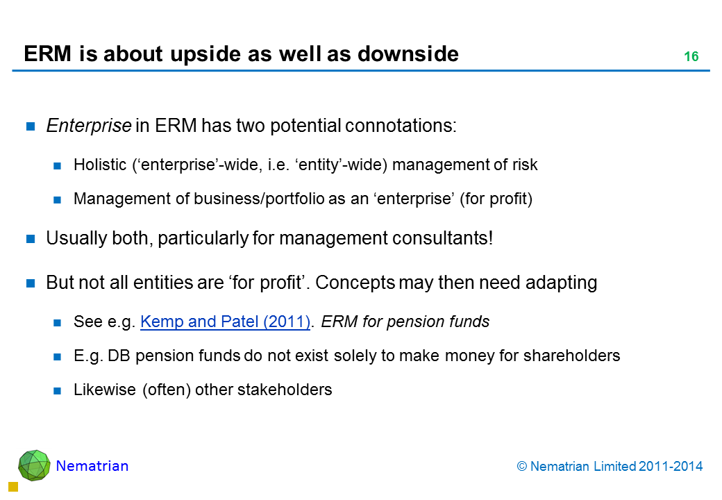 Bullet points include: Enterprise in ERM has two potential connotations: Holistic (‘enterprise’-wide, i.e. ‘entity’-wide) management of risk Management of business/portfolio as an ‘enterprise’ (for profit) Usually both, particularly for management consultants! But not all entities are ‘for profit’. Concepts may then need adapting See e.g. Kemp and Patel (2011). ERM for pension funds E.g. DB pension funds do not exist solely to make money for shareholders Likewise (often) other stakeholders