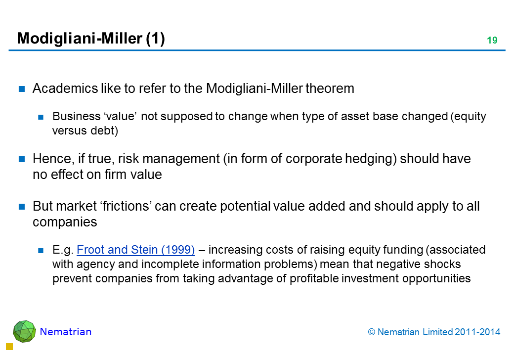 Bullet points include: Academics like to refer to the Modigliani-Miller theorem Business ‘value’ not supposed to change when type of asset base changed (equity versus debt) Hence, if true, risk management (in form of corporate hedging) should have no effect on firm value But market ‘frictions’ can create potential value added and should apply to all companies E.g. Froot and Stein (1999) – increasing costs of raising equity funding (associated with agency and incomplete information problems) mean that negative shocks prevent companies from taking advantage of profitable investment opportunities