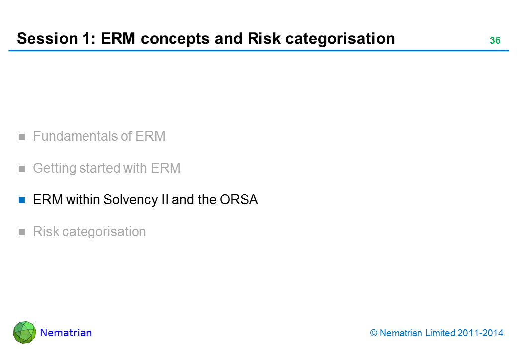 Bullet points include: ERM within Solvency II and the ORSA