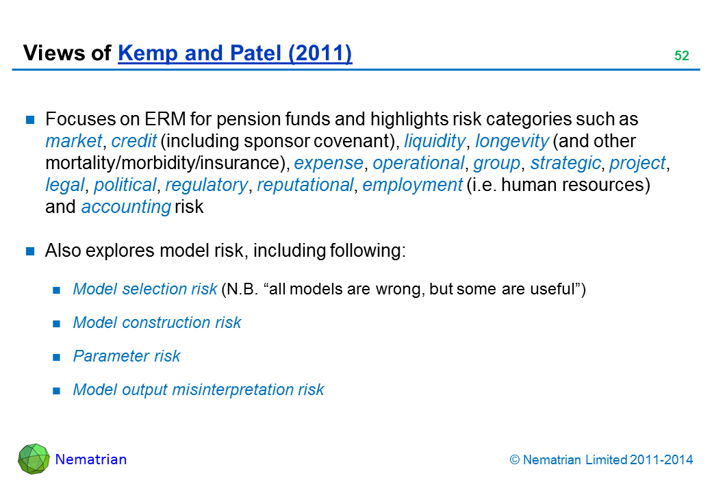 Bullet points include: Focuses on ERM for pension funds and highlights risk categories such as market, credit (including sponsor covenant), liquidity, longevity (and other mortality/morbidity/insurance), expense, operational, group, strategic, project, legal, political, regulatory, reputational, employment (i.e. human resources) and accounting risk Also explores model risk, including following: Model selection risk (N.B. “all models are wrong, but some are useful”) Model construction risk Parameter risk Model output misinterpretation risk