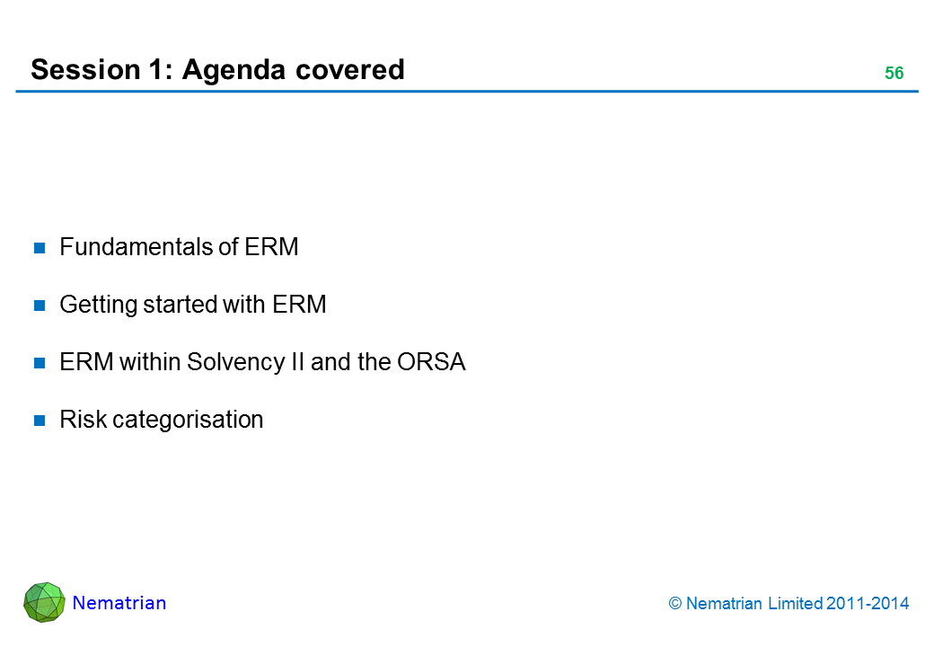 Bullet points include: Fundamentals of ERM Getting started with ERM ERM within Solvency II and the ORSA Risk categorisation