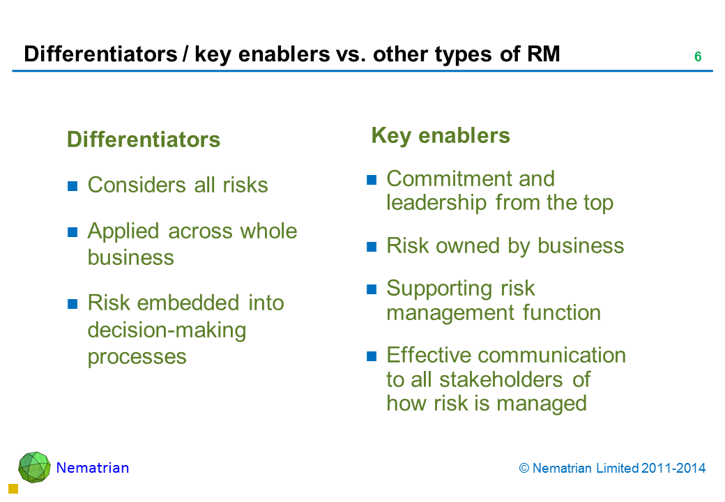 Bullet points include: Differentiators Considers all risks  Applied across whole business Risk embedded into decision-making processes Key enablers Commitment and leadership from the top Risk owned by business Supporting risk management function Effective communication to all stakeholders of how risk is managed