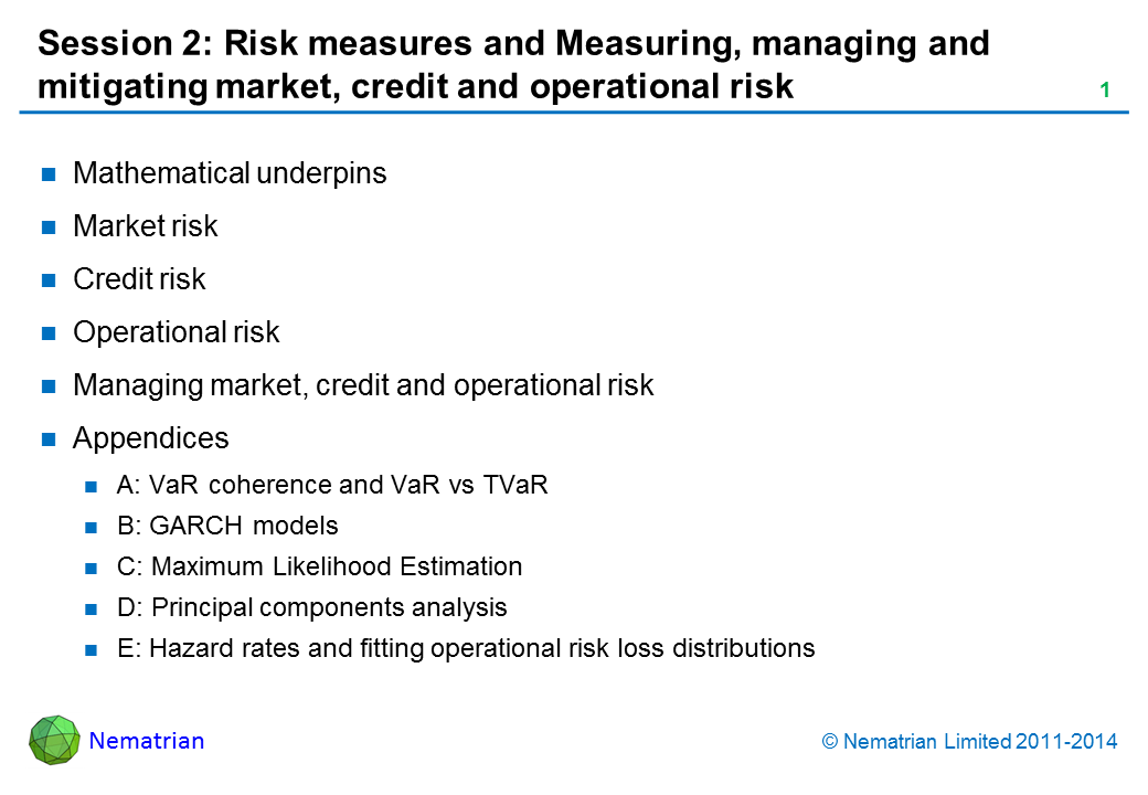 Bullet points include: Mathematical underpins Market risk Credit risk Operational risk Managing market, credit and operational risk Appendices A: VaR coherence and VaR vs TVaR B: GARCH models C: Maximum Likelihood Estimation D: Principal components analysis E: Hazard rates and fitting operational risk loss distributions