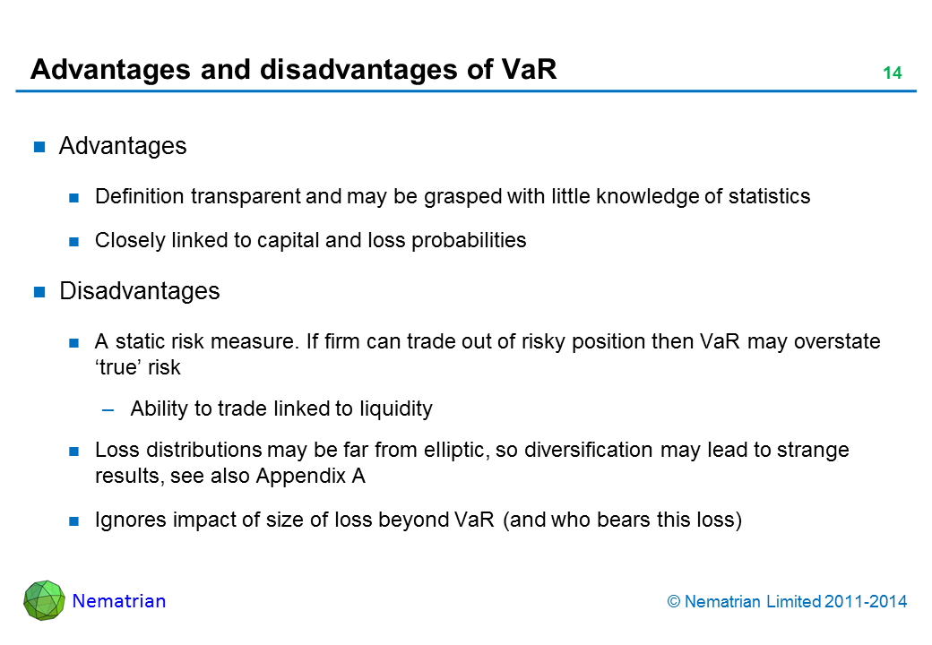 Bullet points include: Advantages Definition transparent and may be grasped with little knowledge of statistics Closely linked to capital and loss probabilities Disadvantages A static risk measure. If firm can trade out of risky position then VaR may overstate ‘true’ risk Ability to trade linked to liquidity Loss distributions may be far from elliptic, so diversification may lead to strange results, see also Appendix A Ignores impact of size of loss beyond VaR (and who bears this loss)