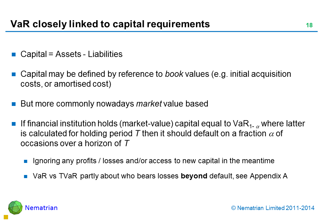 Bullet points include: Capital = Assets - Liabilities Capital may be defined by reference to book values (e.g. initial acquisition costs, or amortised cost) But more commonly nowadays market value based If financial institution holds (market-value) capital equal to VaR(alpha) where latter is calculated for holding period T then it should default on a fraction alpha of occasions over a horizon of T Ignoring any profits / losses and/or access to new capital in the meantime VaR vs TVaR partly about who bears losses beyond default, see Appendix A