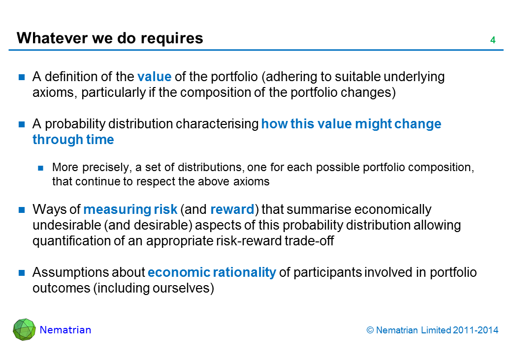 Bullet points include: A definition of the value of the portfolio (adhering to suitable underlying axioms, particularly if the composition of the portfolio changes) A probability distribution characterising how this value might change through time More precisely, a set of distributions, one for each possible portfolio composition, that continue to respect the above axioms Ways of measuring risk (and reward) that summarise economically undesirable (and desirable) aspects of this probability distribution allowing quantification of an appropriate risk-reward trade-off Assumptions about economic rationality of participants involved in portfolio outcomes (including ourselves)