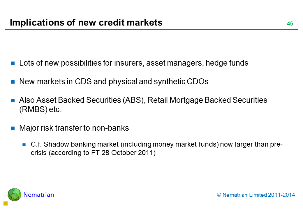 Bullet points include: Lots of new possibilities for insurers, asset managers, hedge funds New markets in CDS and physical and synthetic CDOs Also Asset Backed Securities (ABS), Retail Mortgage Backed Securities (RMBS) etc. Major risk transfer to non-banks C.f. Shadow banking market (including money market funds) now larger than pre-crisis (according to FT 28 October 2011)