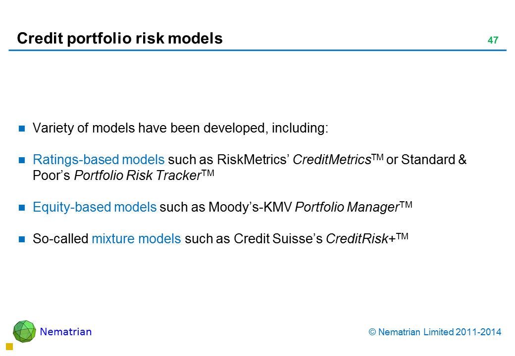 Bullet points include: Variety of models have been developed, including: Ratings-based models such as RiskMetrics’ CreditMetricsTM or Standard & Poor’s Portfolio Risk TrackerTM Equity-based models such as Moody’s-KMV Portfolio ManagerTM So-called mixture models such as Credit Suisse’s CreditRisk+TM