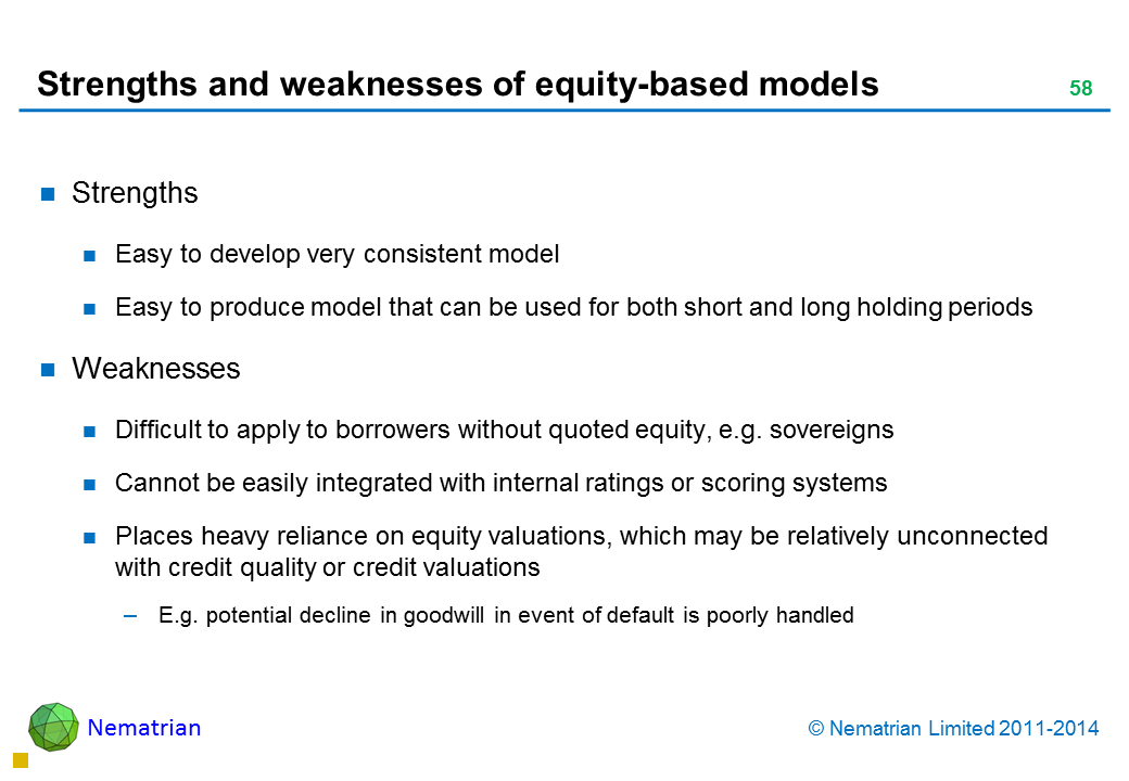 Bullet points include: Strengths Easy to develop very consistent model Easy to produce model that can be used for both short and long holding periods Weaknesses Difficult to apply to borrowers without quoted equity, e.g. sovereigns Cannot be easily integrated with internal ratings or scoring systems Places heavy reliance on equity valuations, which may be relatively unconnected with credit quality or credit valuations E.g. potential decline in goodwill in event of default is poorly handled