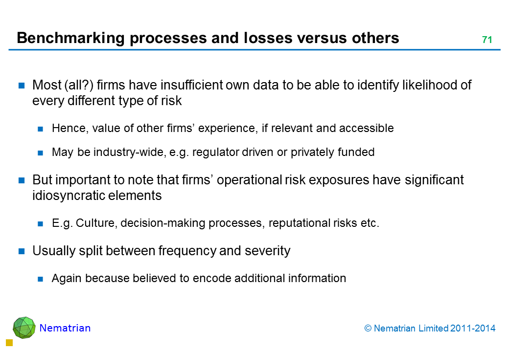 Bullet points include: Most (all?) firms have insufficient own data to be able to identify likelihood of every different type of risk Hence, value of other firms’ experience, if relevant and accessible May be industry-wide, e.g. regulator driven or privately funded But important to note that firms’ operational risk exposures have significant idiosyncratic elements E.g. Culture, decision-making processes, reputational risks etc. Usually split between frequency and severity Again because believed to encode additional information