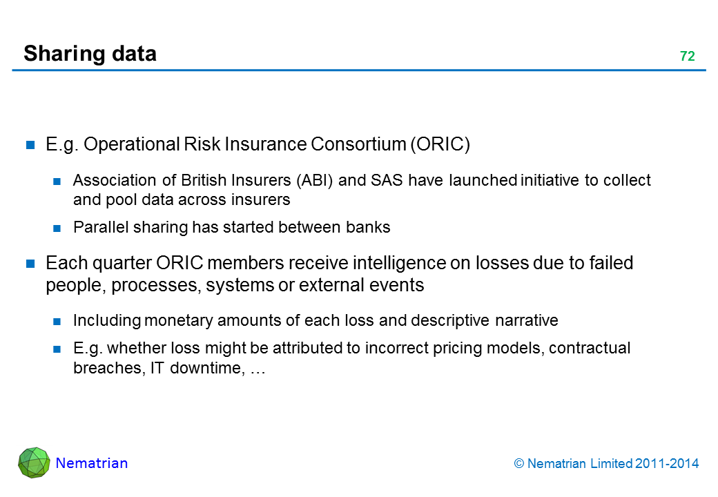 Bullet points include: E.g. Operational Risk Insurance Consortium (ORIC) Association of British Insurers (ABI) and SAS have launched initiative to collect and pool data across insurers Parallel sharing has started between banks Each quarter ORIC members receive intelligence on losses due to failed people, processes, systems or external events Including monetary amounts of each loss and descriptive narrative E.g. whether loss might be attributed to incorrect pricing models, contractual breaches, IT downtime, …