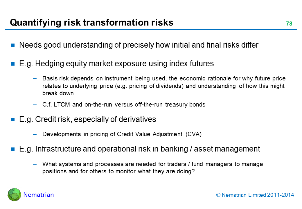 Bullet points include: Needs good understanding of precisely how initial and final risks differ E.g. Hedging equity market exposure using index futures Basis risk depends on instrument being used, the economic rationale for why future price relates to underlying price (e.g. pricing of dividends) and understanding of how this might break down C.f. LTCM and on-the-run versus off-the-run treasury bonds E.g. Credit risk, especially of derivatives Developments in pricing of Credit Value Adjustment (CVA) E.g. Infrastructure and operational risk in banking / asset management What systems and processes are needed for traders / fund managers to manage positions and for others to monitor what they are doing?