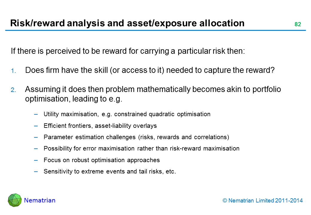 Bullet points include: If there is perceived to be reward for carrying a particular risk then: Does firm have the skill (or access to it) needed to capture the reward? Assuming it does then problem mathematically becomes akin to portfolio optimisation, leading to e.g. Utility maximisation, e.g. constrained quadratic optimisation Efficient frontiers, asset-liability overlays Parameter estimation challenges (risks, rewards and correlations) Possibility for error maximisation rather than risk-reward maximisation Focus on robust optimisation approaches Sensitivity to extreme events and tail risks, etc.
