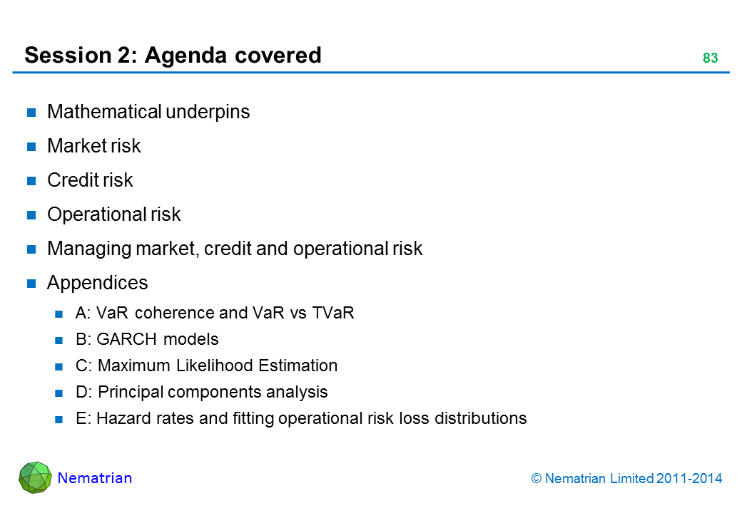 Bullet points include: Mathematical underpins Market risk Credit risk Operational risk Managing market, credit and operational risk Appendices A: VaR coherence and VaR vs TVaR B: GARCH models C: Maximum Likelihood Estimation D: Principal components analysis E: Hazard rates and fitting operational risk loss distributions