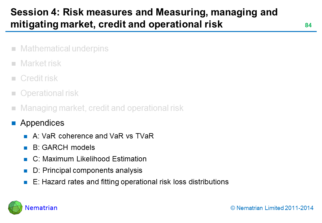 Bullet points include: Appendices A: VaR coherence and VaR vs TVaR B: GARCH models C: Maximum Likelihood Estimation D: Principal components analysis E: Hazard rates and fitting operational risk loss distributions