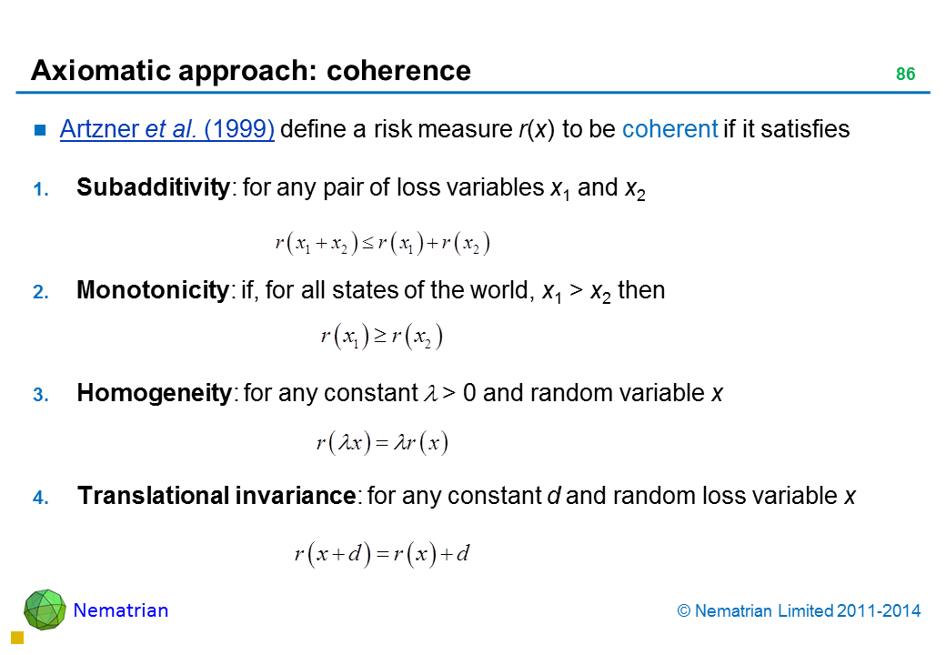 Bullet points include: Artzner et al. (1999) define a risk measure r(x) to be coherent if it satisfies Subadditivity: for any pair of loss variables x1 and x2 Monotonicity: if, for all states of the world, x1 > x2 then Homogeneity: for any constant lambda > 0 and random variable x Translational invariance: for any constant d and random loss variable x