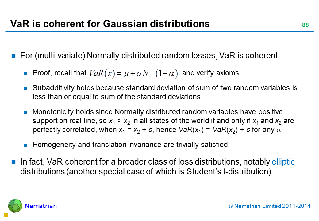 Bullet points include: For (multi-variate) Normally distributed random losses, VaR is coherent Proof, recall that and verify axioms Subadditivity holds because standard deviation of sum of two random variables is less than or equal to sum of the standard deviations Monotonicity holds since Normally distributed random variables have positive support on real line, so x1 > x2 in all states of the world if and only if x1 and x2 are perfectly correlated, when x1 = x2 + c, hence VaR(x1) = VaR(x2) + c for any alpha Homogeneity and translation invariance are trivially satisfied In fact, VaR coherent for a broader class of loss distributions, notably elliptic distributions (another special case of which is Student’s t-distribution)