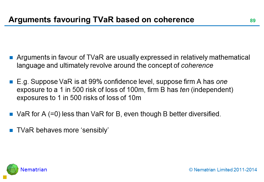 Bullet points include: Arguments in favour of TVaR are usually expressed in relatively mathematical language and ultimately revolve around the concept of coherence E.g. Suppose VaR is at 99% confidence level, suppose firm A has one exposure to a 1 in 500 risk of loss of 100m, firm B has ten (independent) exposures to 1 in 500 risks of loss of 10m VaR for A (=0) less than VaR for B, even though B better diversified. TVaR behaves more ‘sensibly’