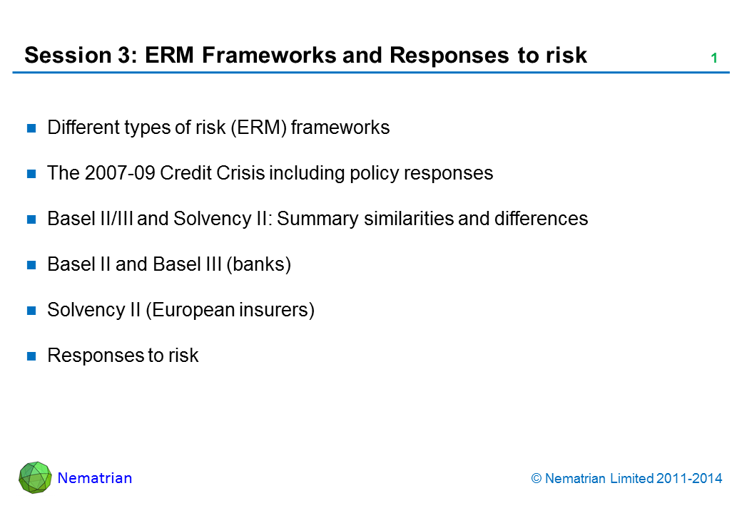 Bullet points include: Different types of risk (ERM) frameworks The 2007-09 Credit Crisis including policy responses Basel II/III and Solvency II: Summary similarities and differences Basel II and Basel III (banks) Solvency II (European insurers) Responses to risk