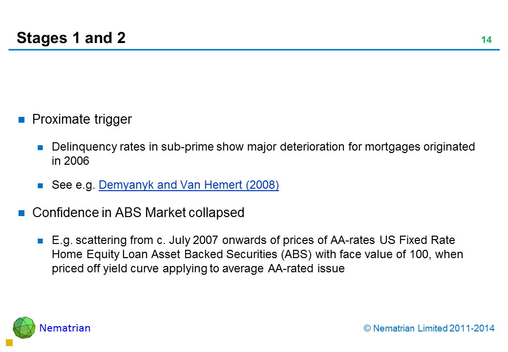 Bullet points include: Proximate trigger Delinquency rates in sub-prime show major deterioration for mortgages originated in 2006 See e.g. Demyanyk and Van Hemert (2008) Confidence in ABS Market collapsed E.g. scattering from c. July 2007 onwards of prices of AA-rates US Fixed Rate Home Equity Loan Asset Backed Securities (ABS) with face value of 100, when priced off yield curve applying to average AA-rated issue