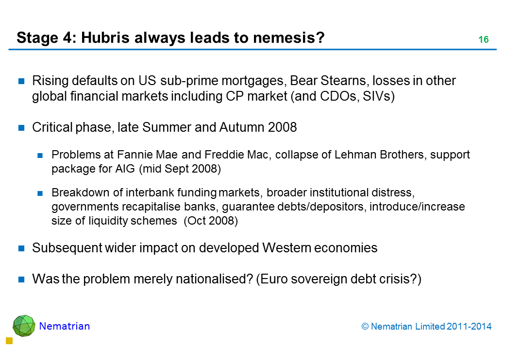 Bullet points include: Rising defaults on US sub-prime mortgages, Bear Stearns, losses in other global financial markets including CP market (and CDOs, SIVs) Critical phase, late Summer and Autumn 2008 Problems at Fannie Mae and Freddie Mac, collapse of Lehman Brothers, support package for AIG (mid Sept 2008) Breakdown of interbank funding markets, broader institutional distress, governments recapitalise banks, guarantee debts/depositors, introduce/increase size of liquidity schemes  (Oct 2008) Subsequent wider impact on developed Western economies Was the problem merely nationalised? (Euro sovereign debt crisis?)