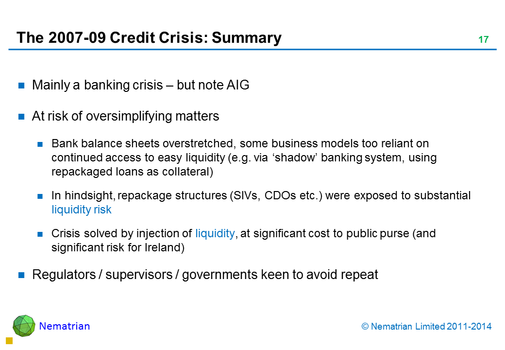 Bullet points include: Mainly a banking crisis – but note AIG At risk of oversimplifying matters Bank balance sheets overstretched, some business models too reliant on continued access to easy liquidity (e.g. via ‘shadow’ banking system, using repackaged loans as collateral) In hindsight, repackage structures (SIVs, CDOs etc.) were exposed to substantial liquidity risk Crisis solved by injection of liquidity, at significant cost to public purse (and significant risk for Ireland) Regulators / supervisors / governments keen to avoid repeat