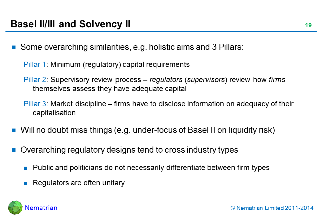 Bullet points include: Some overarching similarities, e.g. holistic aims and 3 Pillars: Pillar 1: Minimum (regulatory) capital requirements Pillar 2: Supervisory review process – regulators (supervisors) review how firms themselves assess they have adequate capital Pillar 3: Market discipline – firms have to disclose information on adequacy of their capitalisation Will no doubt miss things (e.g. under-focus of Basel II on liquidity risk) Overarching regulatory designs tend to cross industry types Public and politicians do not necessarily differentiate between firm types Regulators are often unitary