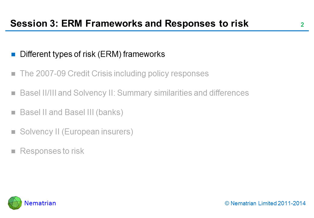Bullet points include: Different types of risk (ERM) frameworks