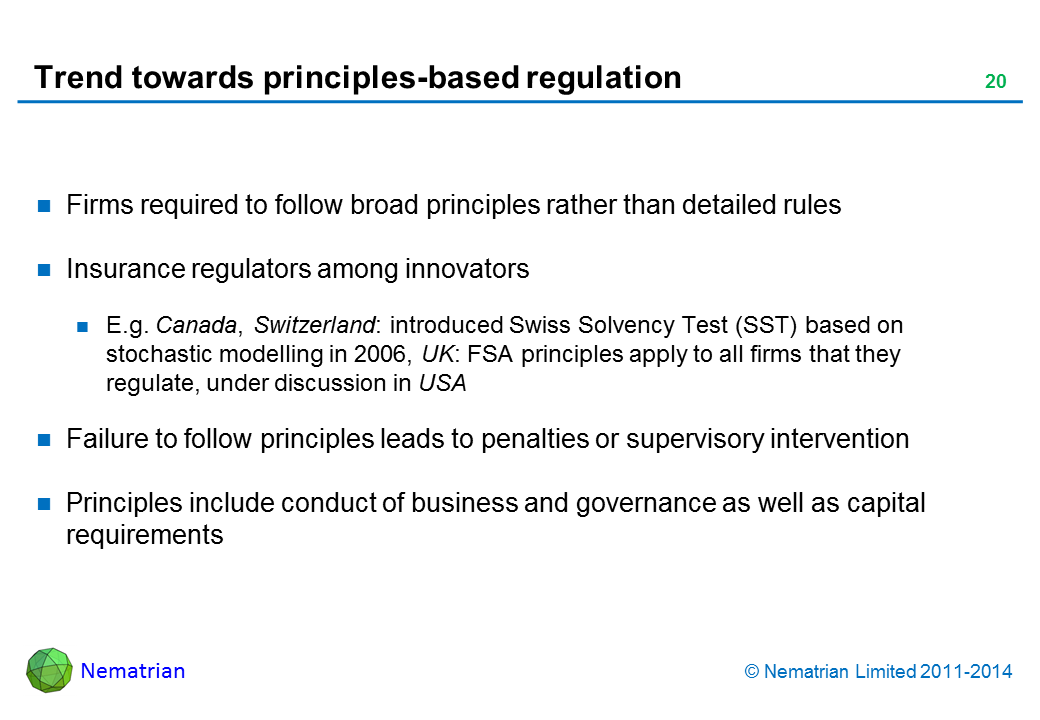 Bullet points include: Firms required to follow broad principles rather than detailed rules Insurance regulators among innovators E.g. Canada, Switzerland: introduced Swiss Solvency Test (SST) based on stochastic modelling in 2006, UK: FSA principles apply to all firms that they regulate, under discussion in USA Failure to follow principles leads to penalties or supervisory intervention Principles include conduct of business and governance as well as capital requirements