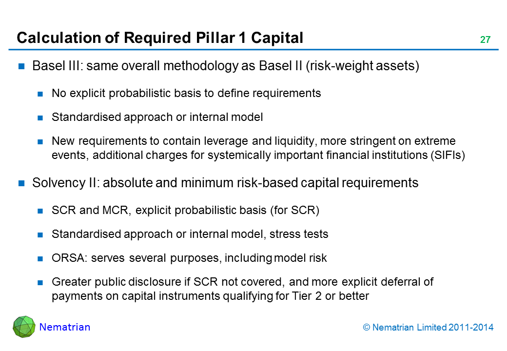 Bullet points include: Basel III: same overall methodology as Basel II (risk-weight assets) No explicit probabilistic basis to define requirements Standardised approach or internal model New requirements to contain leverage and liquidity, more stringent on extreme events, additional charges for systemically important financial institutions (SIFIs) Solvency II: absolute and minimum risk-based capital requirements SCR and MCR, explicit probabilistic basis (for SCR) Standardised approach or internal model, stress tests ORSA: serves several purposes, including model risk Greater public disclosure if SCR not covered, and more explicit deferral of payments on capital instruments qualifying for Tier 2 or better