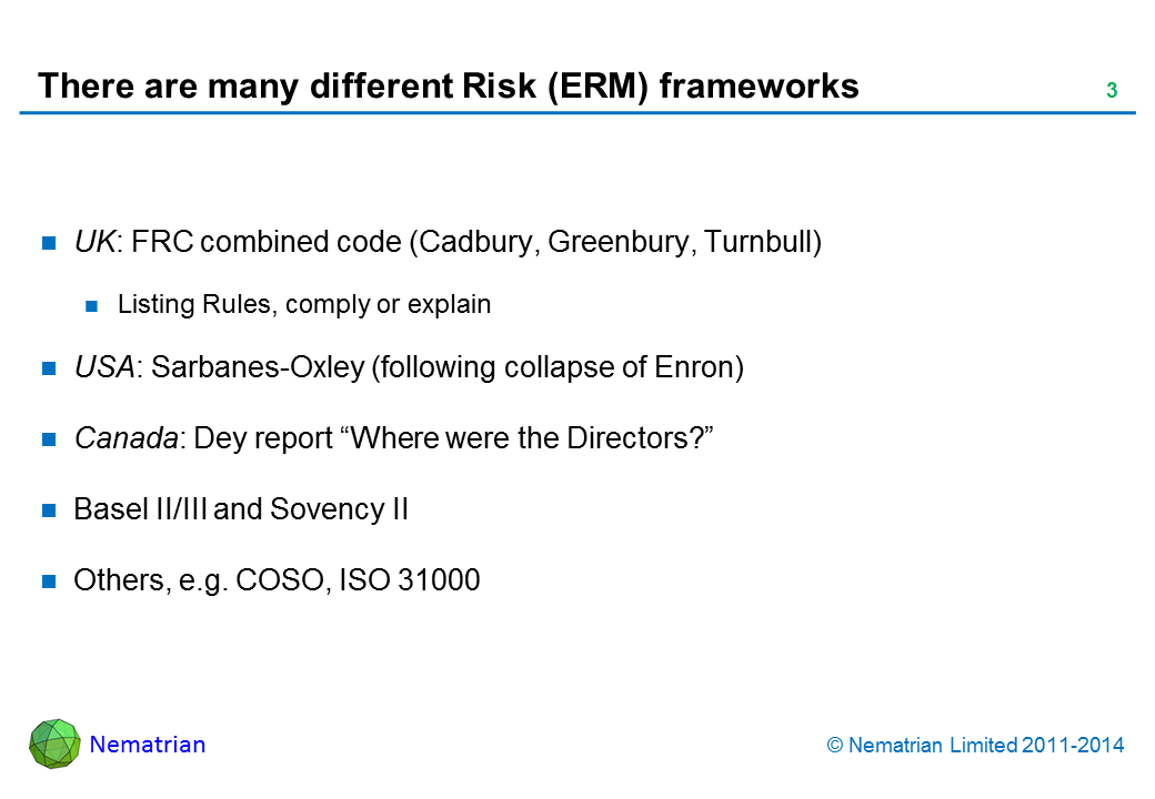 Bullet points include: UK: FRC combined code (Cadbury, Greenbury, Turnbull) Listing Rules, comply or explain USA: Sarbanes-Oxley (following collapse of Enron) Canada: Dey report “Where were the Directors?” Basel II/III and Sovency II Others, e.g. COSO, ISO 31000