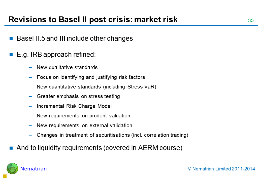 Bullet points include: Basel II.5 and III include other changes. E.g. IRB approach refined: New qualitative standards. Focus on identifying and justifying risk factors. New quantitative standards (including Stress VaR). Greater emphasis on stress testing. Incremental Risk Charge Model. New requirements on prudent valuation. New requirements on external validation. Changes in treatment of securitisations (incl. correlation trading). And to liquidity requirements (covered in AERM course)