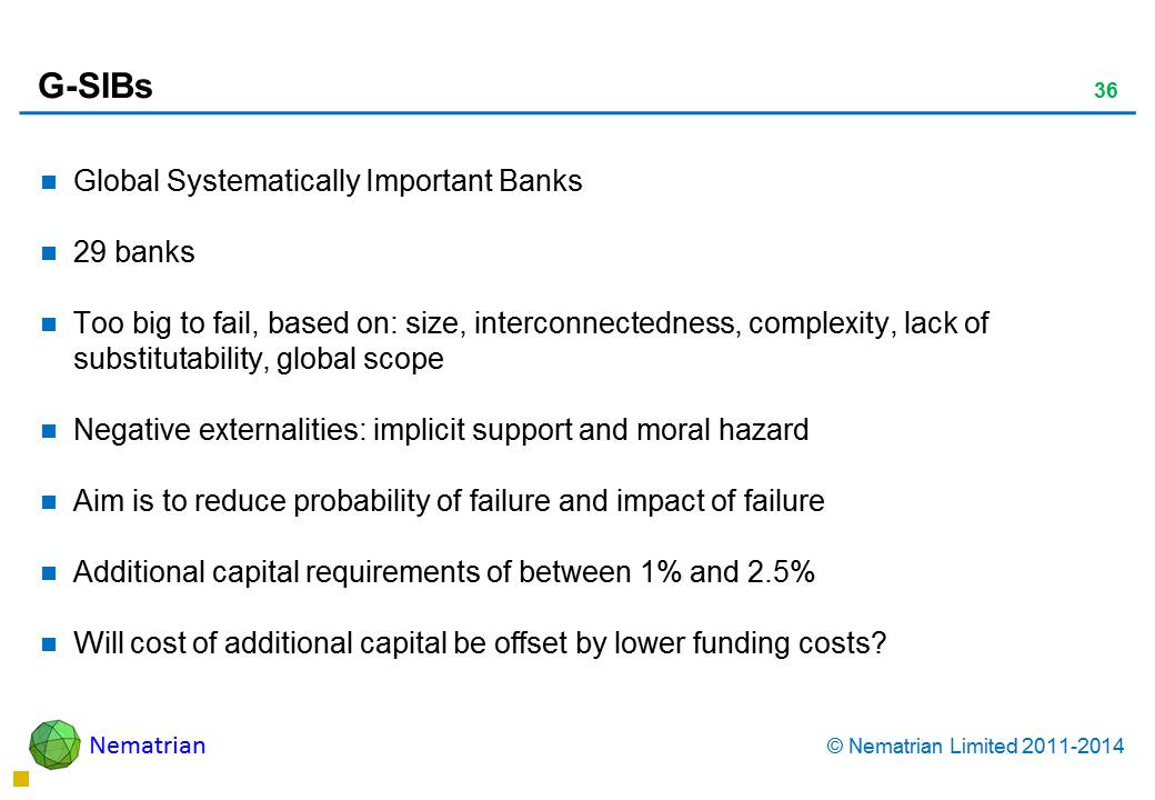 Bullet points include: Global Systematically Important Banks. 29 banks. Too big to fail, based on: Size, interconnectedness, complexity, lack of substitutability, global scope. Negative externalities. Implicit support and moral hazard. Aim is to reduce probability of failure and impact of failure. Additional capital requirements of between 1% and 2.5%. Will cost of additional capital be offset by lower funding costs?