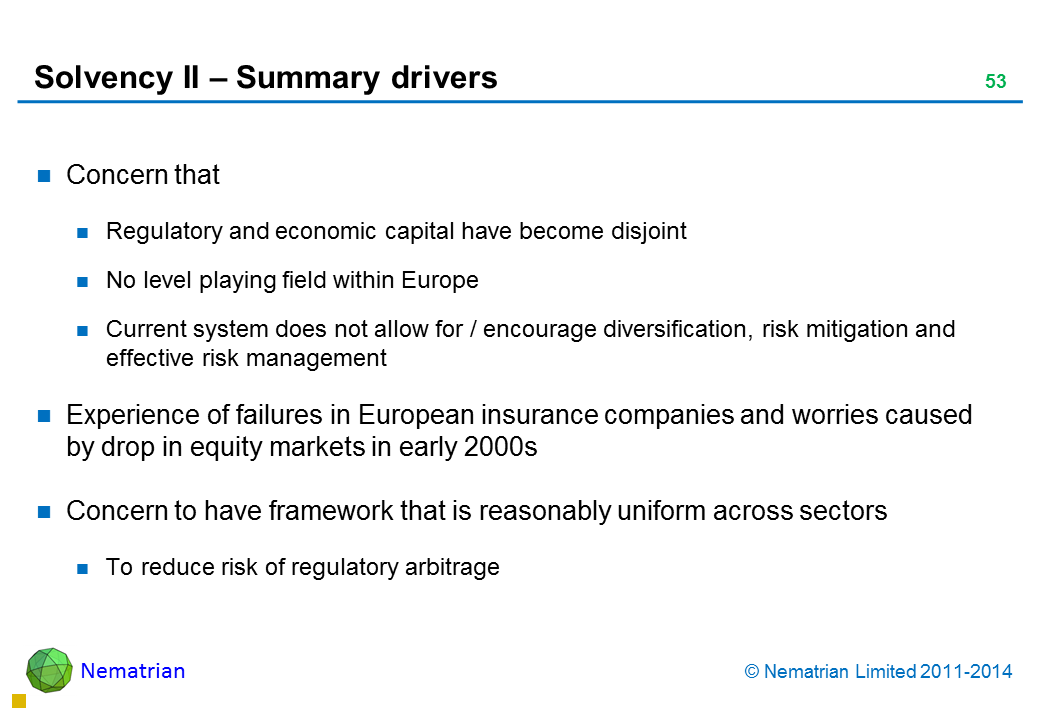 Bullet points include: Concern that Regulatory and economic capital have become disjoint No level playing field within Europe Current system does not allow for / encourage diversification, risk mitigation and effective risk management Experience of failures in European insurance companies and worries caused by drop in equity markets in early 2000s Concern to have framework that is reasonably uniform across sectors To reduce risk of regulatory arbitrage