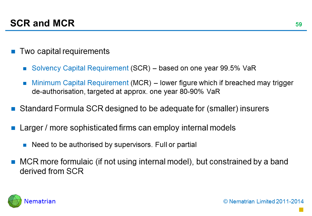 Bullet points include: Two capital requirements Solvency Capital Requirement (SCR) – based on one year 99.5% VaR Minimum Capital Requirement (MCR) – lower figure which if breached may trigger de-authorisation, targeted at approx. one year 80-90% VaR Standard Formula SCR designed to be adequate for (smaller) insurers Larger / more sophisticated firms can employ internal models Need to be authorised by supervisors. Full or partial MCR more formulaic (if not using internal model), but constrained by a band derived from SCR