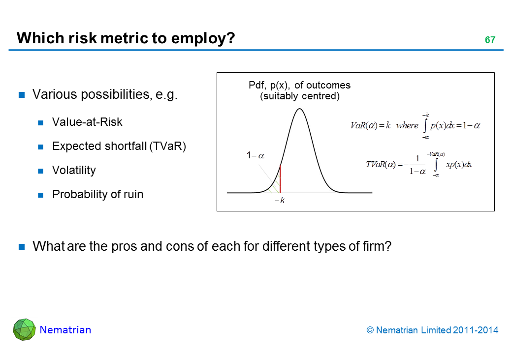 Bullet points include: Various possibilities, e.g. Value-at-Risk Expected shortfall (TVaR) Volatility Probability of ruin What are the pros and cons of each for different types of firm?