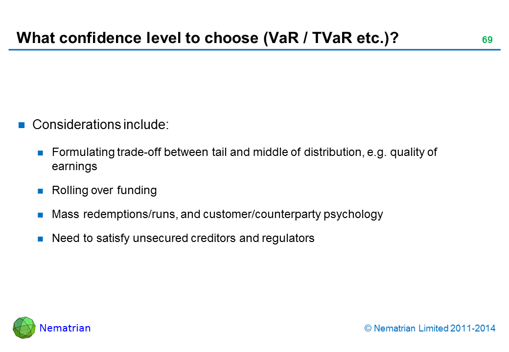 Bullet points include: Considerations include: Formulating trade-off between tail and middle of distribution, e.g. quality of earnings Rolling over funding Mass redemptions/runs, and customer/counterparty psychology Need to satisfy unsecured creditors and regulators