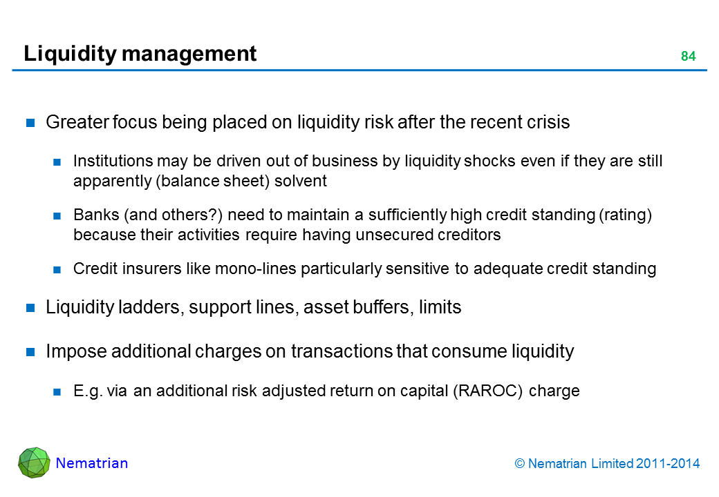 Bullet points include: Greater focus being placed on liquidity risk after the recent crisis Institutions may be driven out of business by liquidity shocks even if they are still apparently (balance sheet) solvent Banks (and others?) need to maintain a sufficiently high credit standing (rating) because their activities require having unsecured creditors Credit insurers like mono-lines particularly sensitive to adequate credit standing Liquidity ladders, support lines, asset buffers, limits Impose additional charges on transactions that consume liquidity E.g. via an additional risk adjusted return on capital (RAROC) charge 