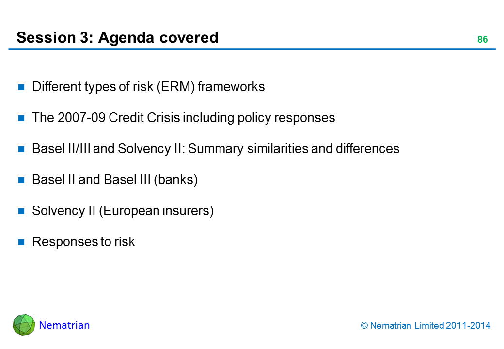 Bullet points include: Different types of risk (ERM) frameworks The 2007-09 Credit Crisis including policy responses Basel II/III and Solvency II: Summary similarities and differences Basel II and Basel III (banks) Solvency II (European insurers) Responses to risk