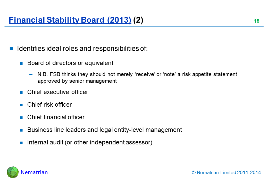 Bullet points include: Identifies ideal roles and responsibilities of: Board of directors or equivalent. N.B. FSB thinks they should not merely ‘receive’ or ‘note’ a risk appetite statement approved by senior management. Chief executive officer. Chief risk officer. Chief financial officer. Business line leaders and legal entity-level management. Internal audit (or other independent assessor)