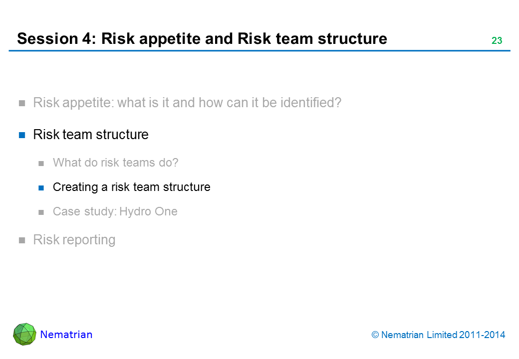 Bullet points include: Risk team structure Creating a risk team structure