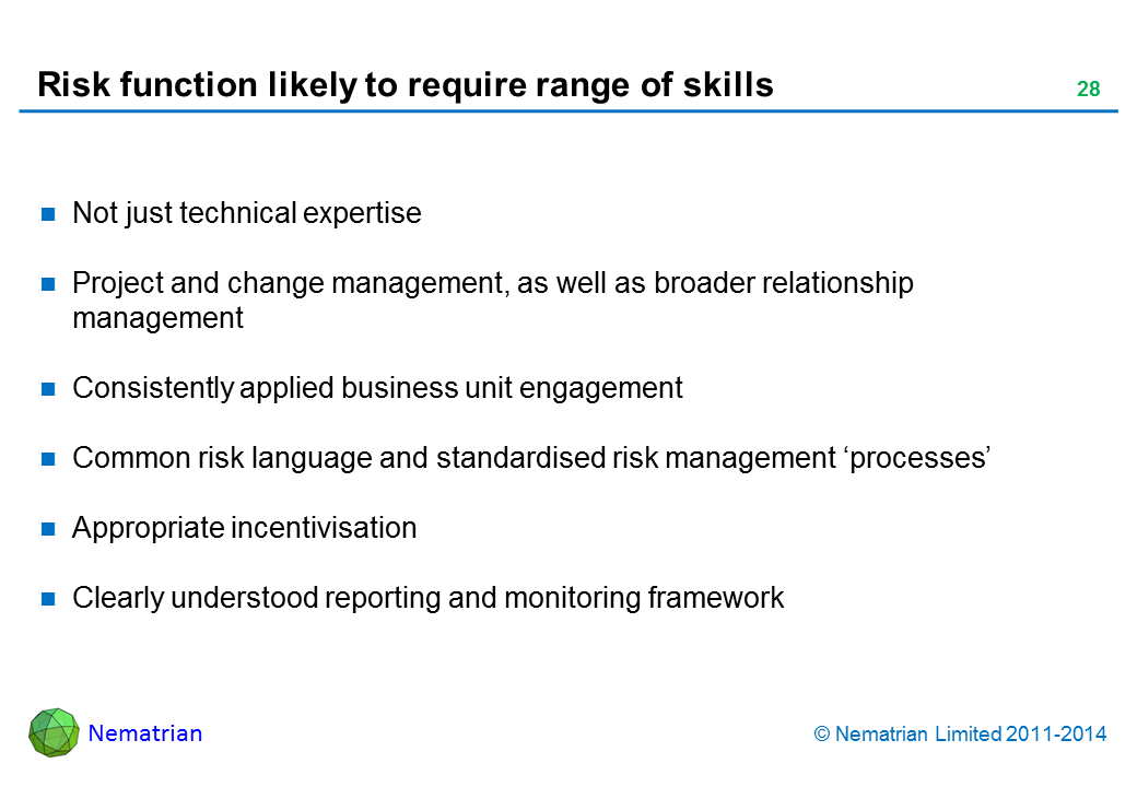 Bullet points include: Not just technical expertise Project and change management, as well as broader relationship management Consistently applied business unit engagement Common risk language and standardised risk management ‘processes’ Appropriate incentivisation Clearly understood reporting and monitoring framework