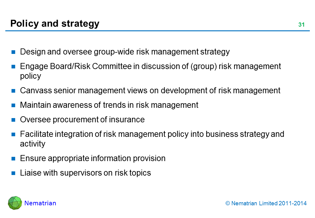 Bullet points include: Design and oversee group-wide risk management strategy Engage Board/Risk Committee in discussion of (group) risk management policy Canvass senior management views on development of risk management Maintain awareness of trends in risk management Oversee procurement of insurance Facilitate integration of risk management policy into business strategy and activity Ensure appropriate information provision Liaise with supervisors on risk topics