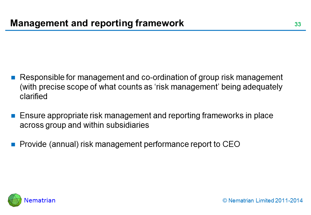 Bullet points include: Responsible for management and co-ordination of group risk management (with precise scope of what counts as ‘risk management’ being adequately clarified Ensure appropriate risk management and reporting frameworks in place across group and within subsidiaries Provide (annual) risk management performance report to CEO