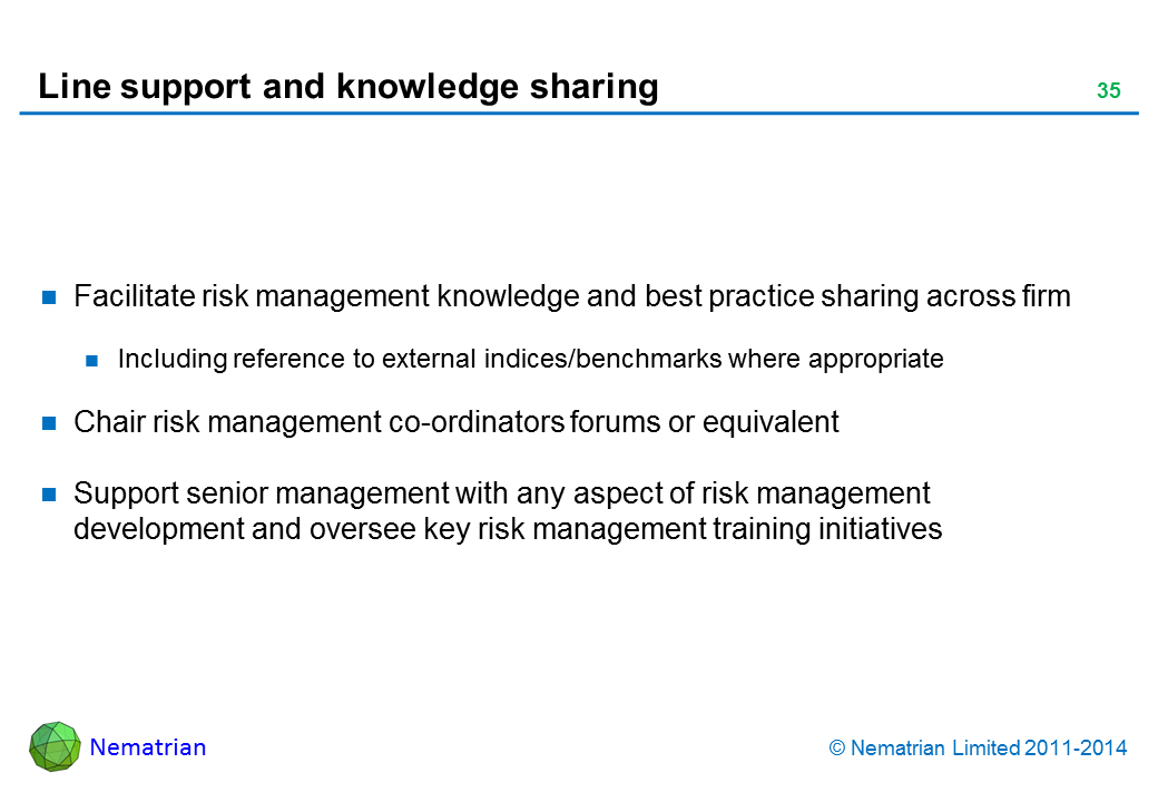 Bullet points include: Facilitate risk management knowledge and best practice sharing across firm Including reference to external indices/benchmarks where appropriate Chair risk management co-ordinators forums or equivalent Support senior management with any aspect of risk management development and oversee key risk management training initiatives