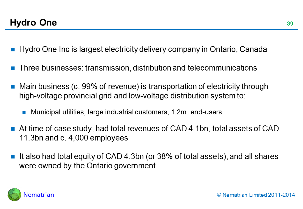 Bullet points include: Hydro One Inc is largest electricity delivery company in Ontario, Canada Three businesses: transmission, distribution and telecommunications Main business (c. 99% of revenue) is transportation of electricity through high-voltage provincial grid and low-voltage distribution system to: Municipal utilities, large industrial customers, 1.2m  end-users At time of case study, had total revenues of CAD 4.1bn, total assets of CAD 11.3bn and c. 4,000 employees It also had total equity of CAD 4.3bn (or 38% of total assets), and all shares were owned by the Ontario government