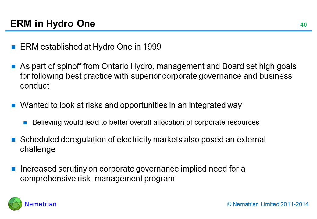 Bullet points include: ERM established at Hydro One in 1999 As part of spinoff from Ontario Hydro, management and Board set high goals for following best practice with superior corporate governance and business conduct Wanted to look at risks and opportunities in an integrated way Believing would lead to better overall allocation of corporate resources Scheduled deregulation of electricity markets also posed an external challenge Increased scrutiny on corporate governance implied need for a comprehensive risk  management program