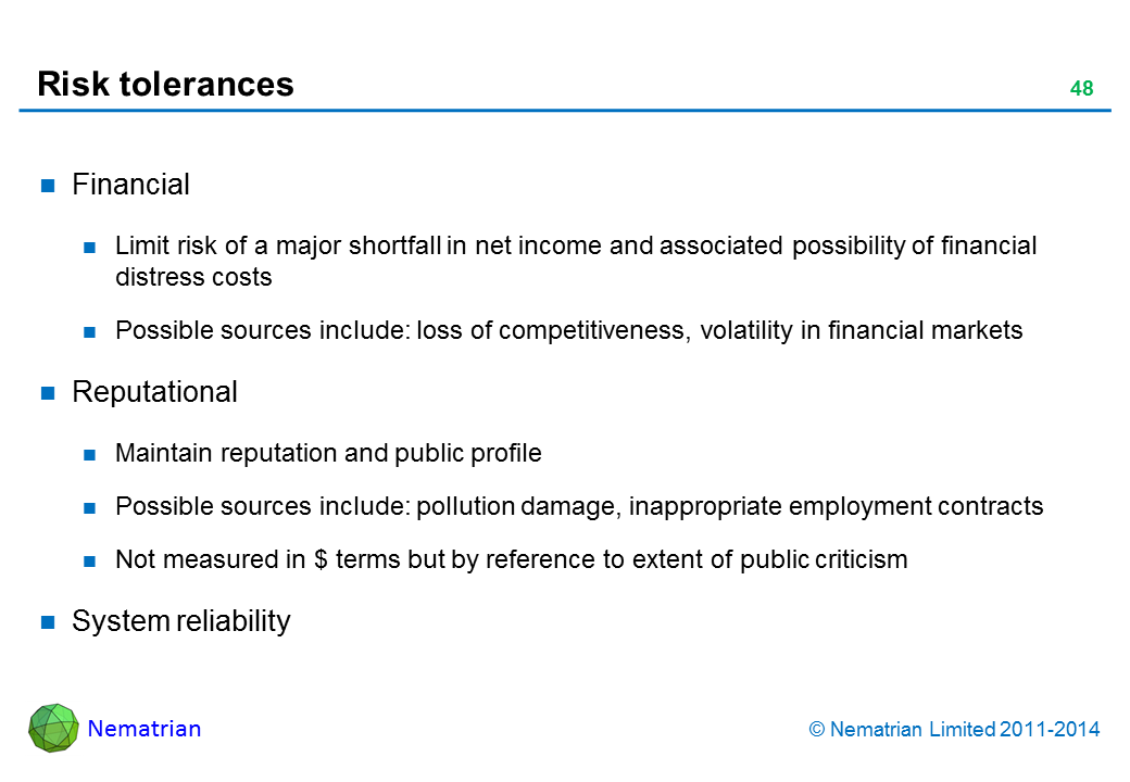 Bullet points include: Financial Limit risk of a major shortfall in net income and associated possibility of financial distress costs Possible sources include: loss of competitiveness, volatility in financial markets Reputational Maintain reputation and public profile Possible sources include: pollution damage, inappropriate employment contracts Not measured in $ terms but by reference to extent of public criticism System reliability