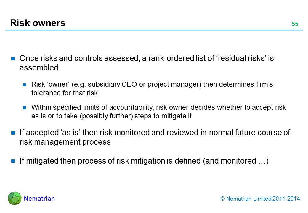 Bullet points include: Once risks and controls assessed, a rank-ordered list of ‘residual risks’ is assembled Risk ‘owner’ (e.g. subsidiary CEO or project manager) then determines firm’s tolerance for that risk Within specified limits of accountability, risk owner decides whether to accept risk as is or to take (possibly further) steps to mitigate it If accepted ‘as is’ then risk monitored and reviewed in normal future course of risk management process If mitigated then process of risk mitigation is defined (and monitored …)